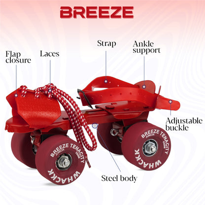 WHACKK Breeze Junior Red Roller Skates for Kids 3-6 Years |Adjustable Quad Skates | Strong Metal Frame |55 mm Rubber Wheels |Smooth Ball Bearings |Secure Buckles & Lace System