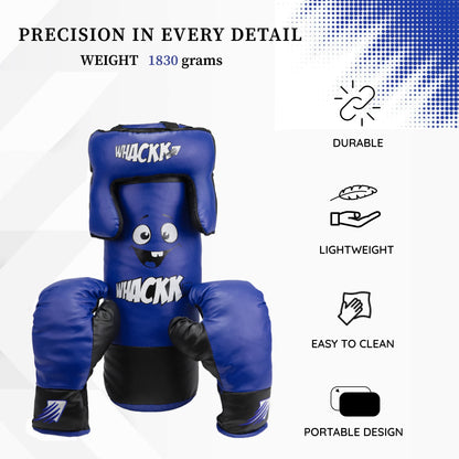 Whackk Blue Junior Kids Boxing Kit with Filled Punching Bag, Gloves and Headgear Bounce-Back |Training Bag for Boys & Girls