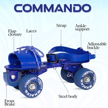 WHACKK Commando Senior Blue Roller Skates |Adjustable Quad Size 21–27 cm |Front Brake |High Precision Bearings |High Grip Rubber Wheels |Comfortable Secure Fit |Ages 6+