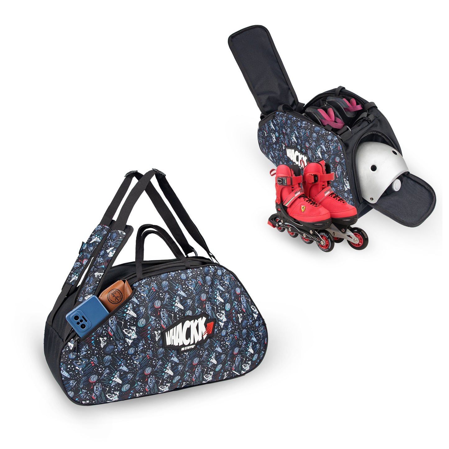 WHACKK Spin 38L Skating Bag  Black Print | 3-Way Carry Skate Backpack, Duffle & Shoulder Bag with Helmet Pocket | Padded Roller Skate Bag for Kids & Adults