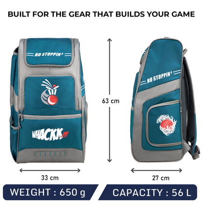 WHACKK Dev 65L Cricket Kit Bag Blue Grey| Quick Access Design| Spacious Main Compartment| Bat Holder| Shoe/Helmet Pocket| Bottle Holder| Padded Straps