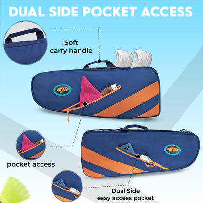 WHACKK Shot 49L Badminton Bag for Rackets, Shoes & Accessories | Dual Carry Backpack/Duffle | Heavy Padding | 2 Main Compartments | Navy Orange