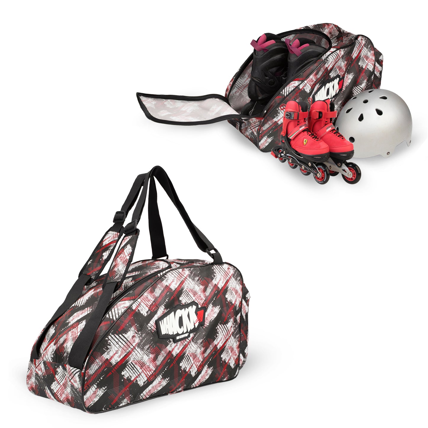 WHACKK Steezy 33L Printed Skating Bag Red | Water-Resistant Skate Backpack & Shoulder Bag with Helmet Pocket | Padded Roller Skate Bag for Kids & Adults