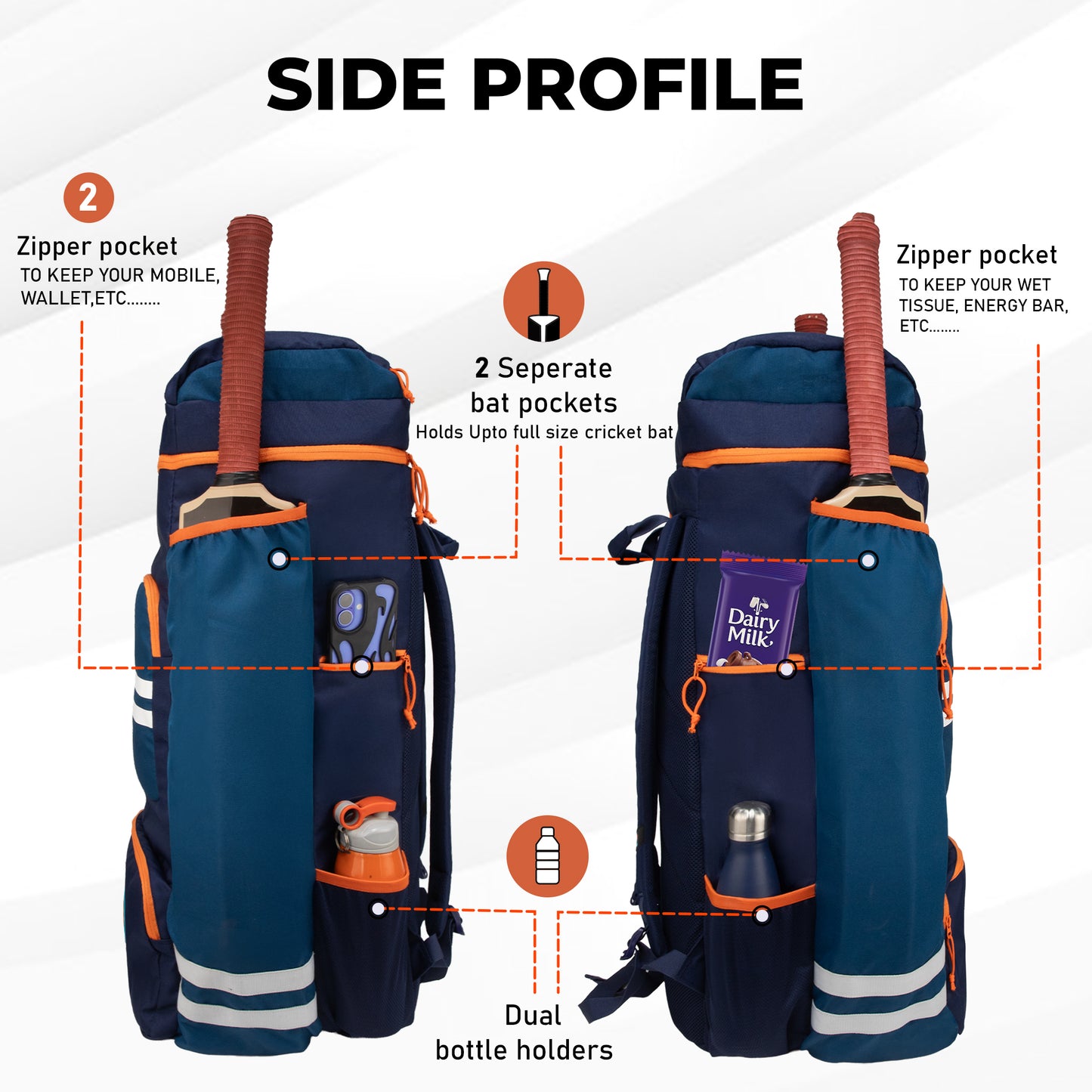 WHACKK Warne 81L Cricket Kit Bag Backpack | Spacious Compartment with Dual Bat, Shoe/ Helmet Pockets | Lightweight & Durable Sports kit Bag blue Orange