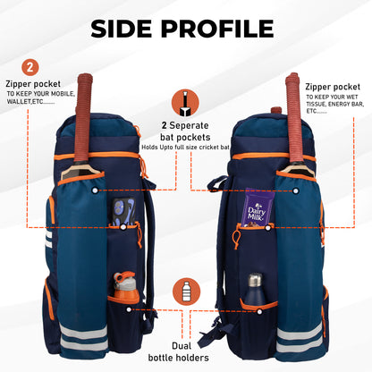 WHACKK Warne 81L Cricket Kit Bag Backpack | Spacious Compartment with Dual Bat, Shoe/ Helmet Pockets | Lightweight & Durable Sports kit Bag blue Orange