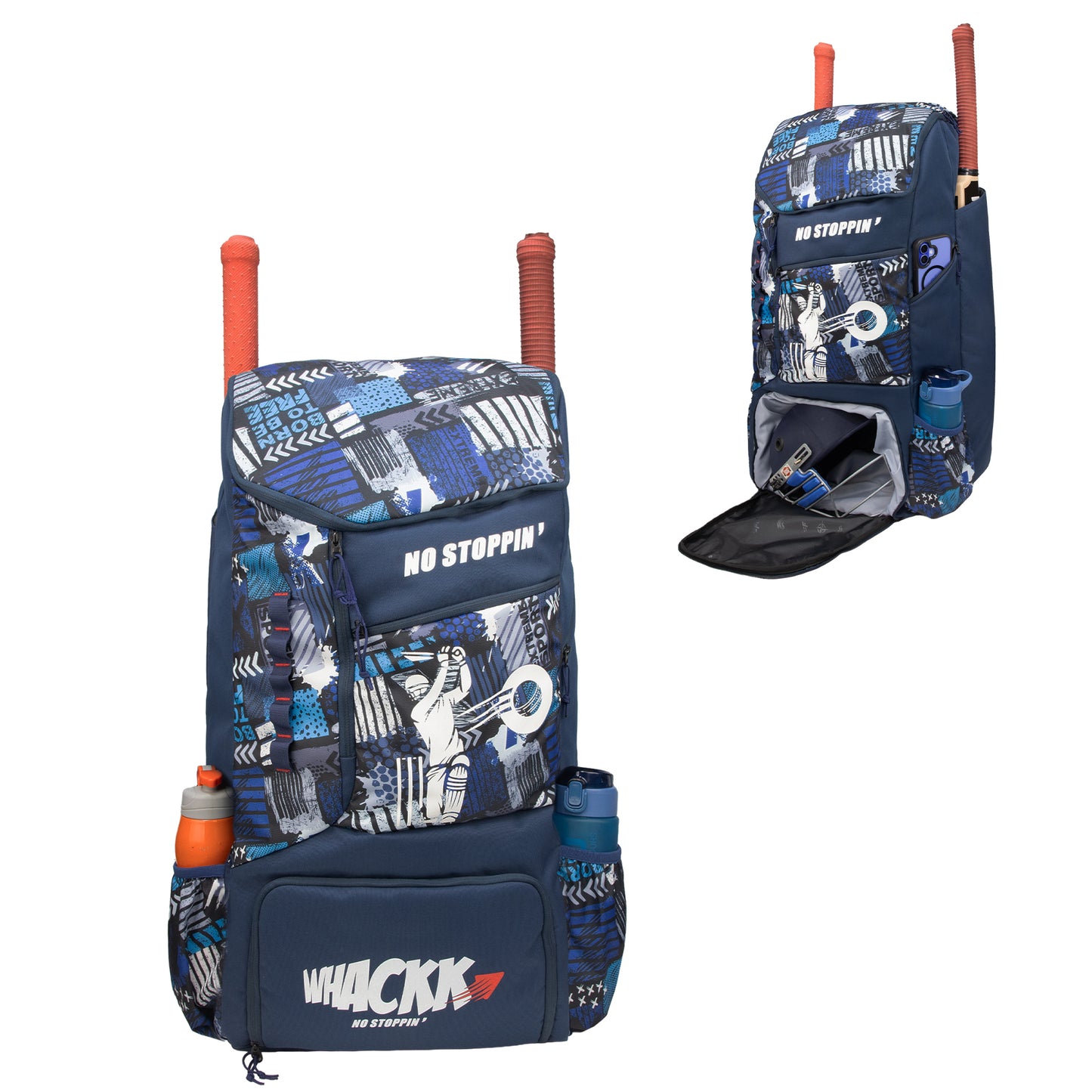 Kallis Navy Printed 103L Unisex Cricket Kit Bag Backpack|Adult Size|2 Bat|Shoe/Helmet Pocket|Main Compartment 18" Leg Pad|2 Bottle Holder|Easy Access Pocket|Player Edition Senior