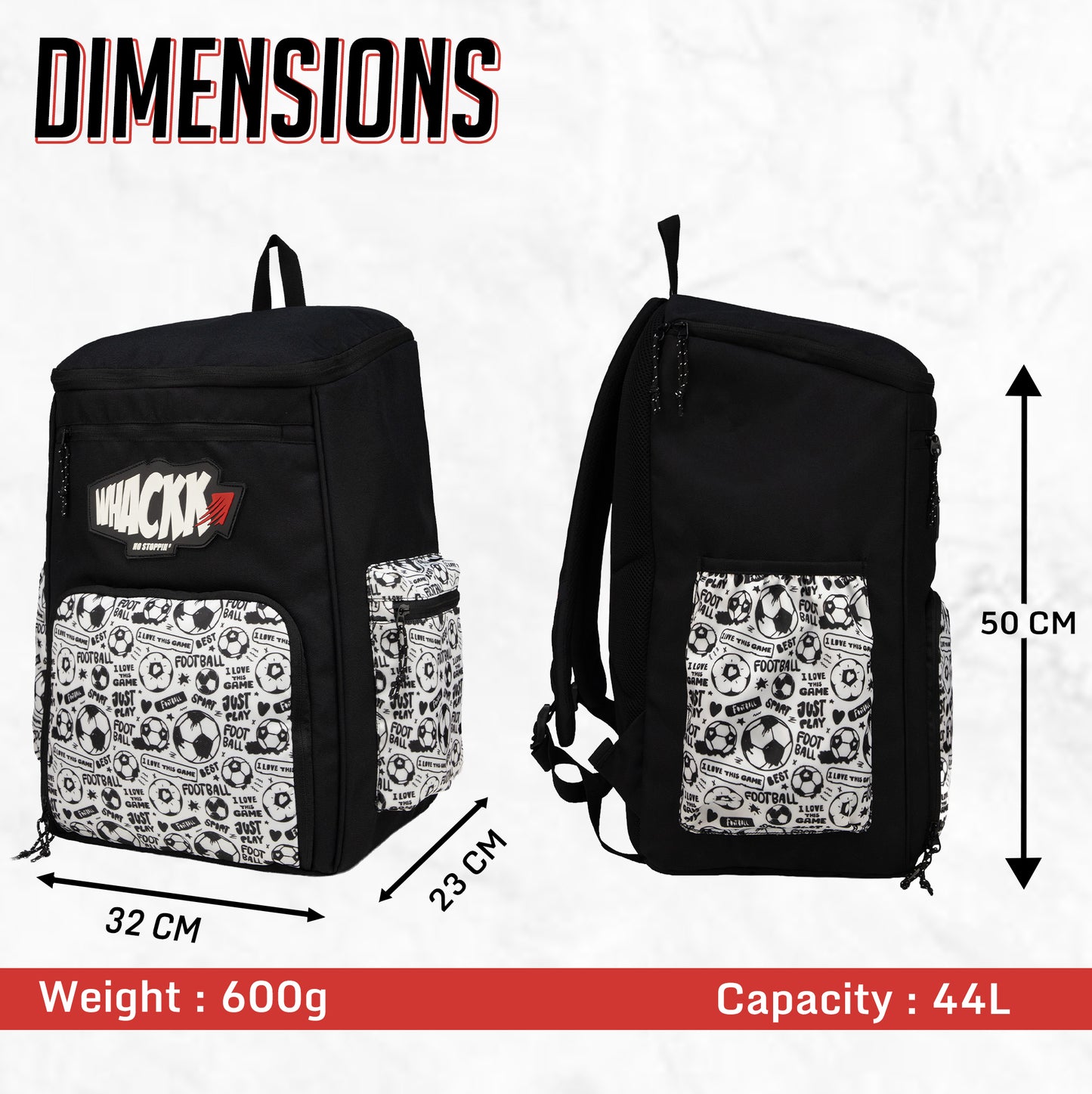 WHACKK Figo Football Bag Black White 44L | Sports Backpack with Ball Holder, Detachable Wet Drawstring Pouch, Utility Pockets & Large Capacity for Gear