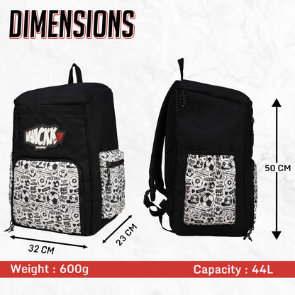 WHACKK Figo Football Bag Black White 44L | Sports Backpack with Ball Holder, Detachable Wet Drawstring Pouch, Utility Pockets & Large Capacity for Gear