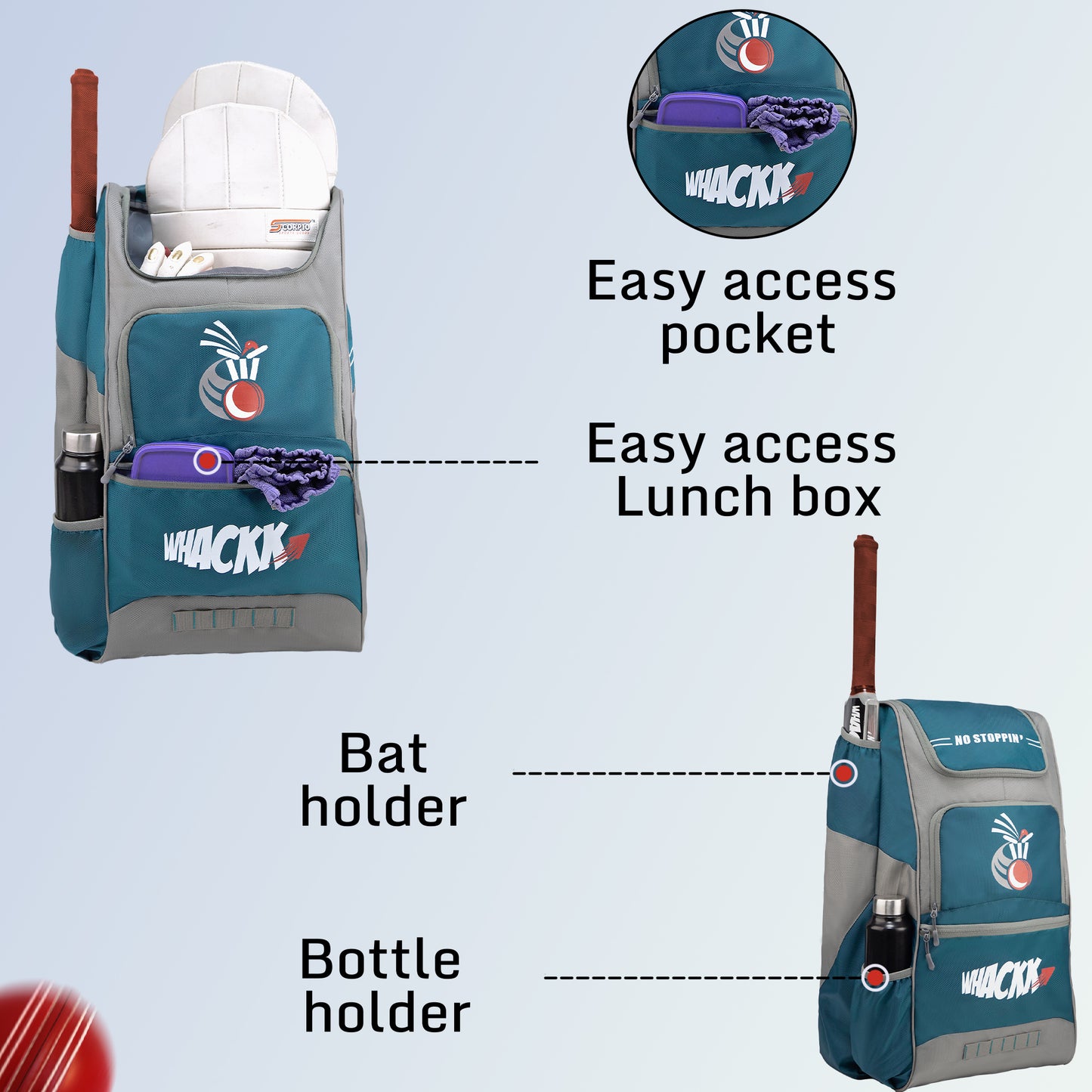 WHACKK Dev 65L Cricket Kit Bag Blue Grey| Quick Access Design| Spacious Main Compartment| Bat Holder| Shoe/Helmet Pocket| Bottle Holder| Padded Straps
