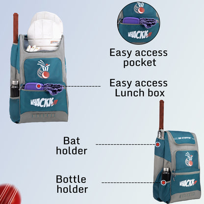 WHACKK Dev 65L Cricket Kit Bag Blue Grey| Quick Access Design| Spacious Main Compartment| Bat Holder| Shoe/Helmet Pocket| Bottle Holder| Padded Straps