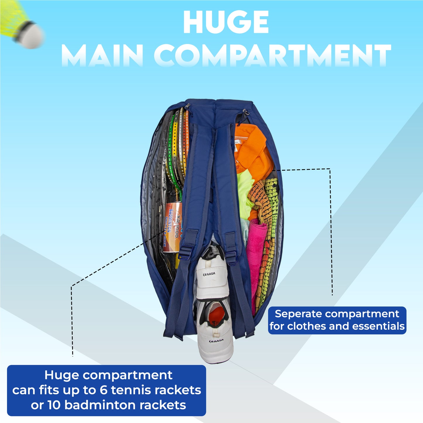 WHACKK Shot 49L Badminton Bag for Rackets, Shoes & Accessories | Dual Carry Backpack/Duffle | Heavy Padding | 2 Main Compartments | Navy Orange
