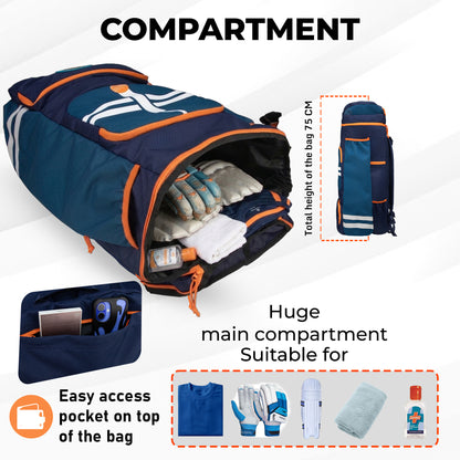 WHACKK Warne 81L Cricket Kit Bag Backpack | Spacious Compartment with Dual Bat, Shoe/ Helmet Pockets | Lightweight & Durable Sports kit Bag blue Orange