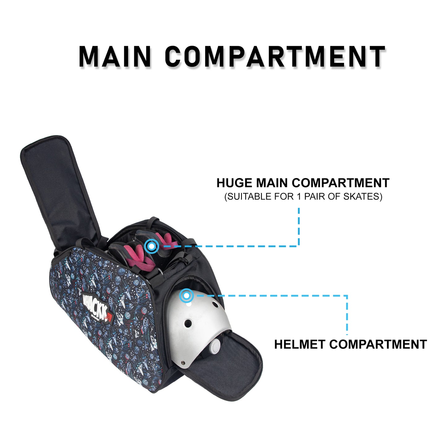 WHACKK Spin 38L Skating Bag  Black Print | 3-Way Carry Skate Backpack, Duffle & Shoulder Bag with Helmet Pocket | Padded Roller Skate Bag for Kids & Adults