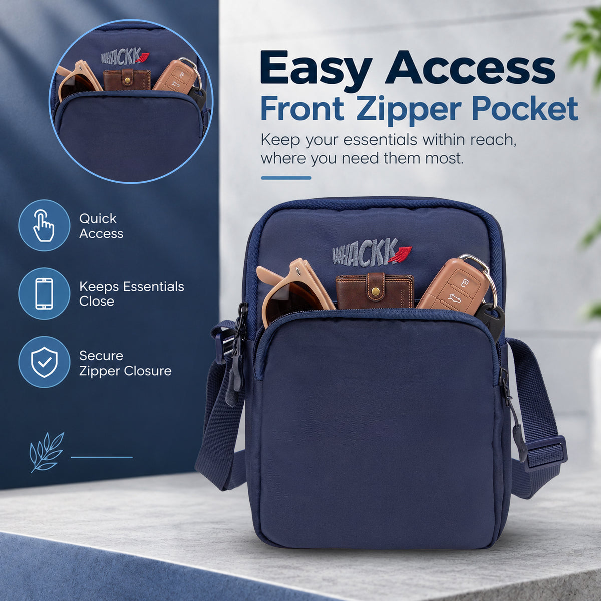 Whackk Outpace Navy Crossbody Bag | Water Resistance Side Bag, Travel Bag, Office Business Bag, Messenger Bag | Sling Bag for Men and Women Adjustable Strap