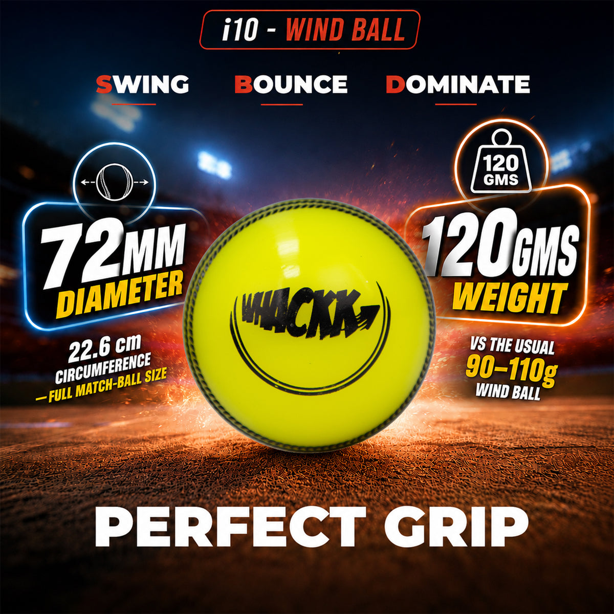 WHACKK I10 T-20 Wind Ball 72MM 120GMS Yellow Premium Color 6 | Synthetic Practice Cricket Balls | Swing Balls for Match, Training, Indoor, Outdoor & Street Cricket