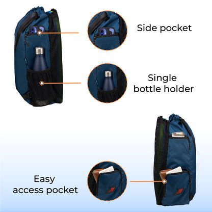 WHACKK Phelps Blue Black 23L Premium Drawstring Swimming/ Football backpack| Waterproof Wet Compartment, Mesh Pocket, Multi Storage & Bottle Holder| Ideal for Swimming, Football & Gym