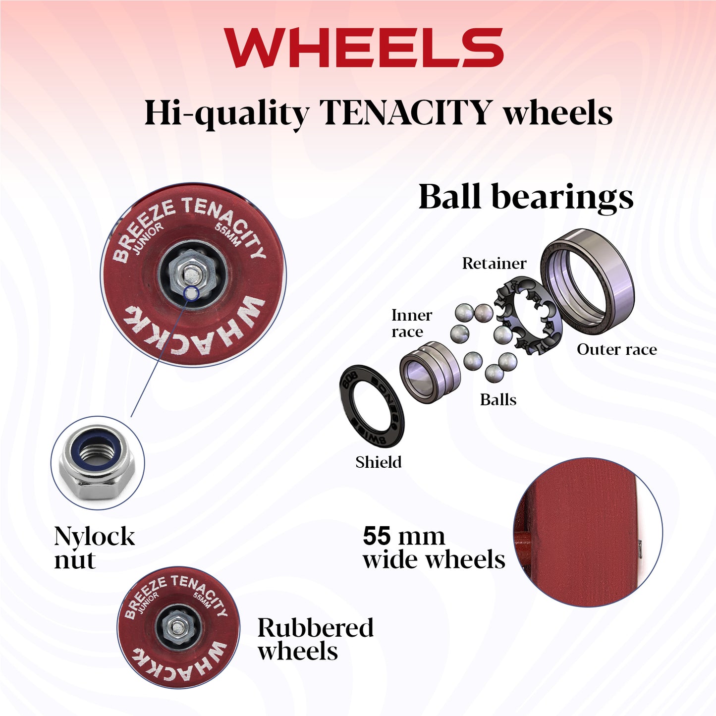 WHACKK Breeze Junior Red Roller Skates for Kids 3-6 Years |Adjustable Quad Skates | Strong Metal Frame |55 mm Rubber Wheels |Smooth Ball Bearings |Secure Buckles & Lace System