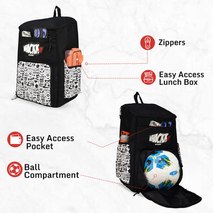 WHACKK Figo Football Bag Black White 44L | Sports Backpack with Ball Holder, Detachable Wet Drawstring Pouch, Utility Pockets & Large Capacity for Gear