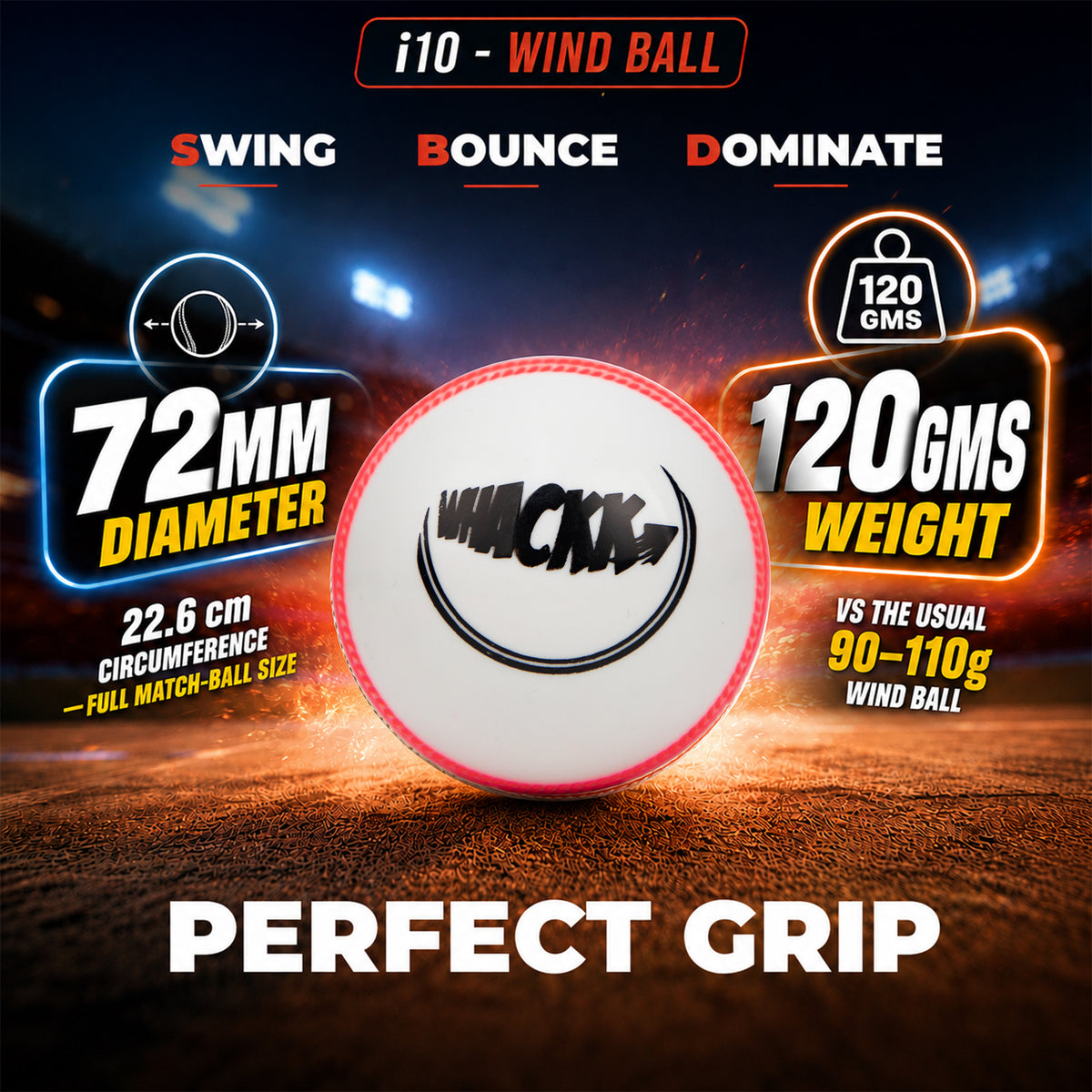 WHACKK I10 T-20 Wind Ball 72MM 120GMS White Premium Color 6 | Synthetic Practice Cricket Balls | Swing Balls for Match, Training, Indoor, Outdoor & Street Cricket