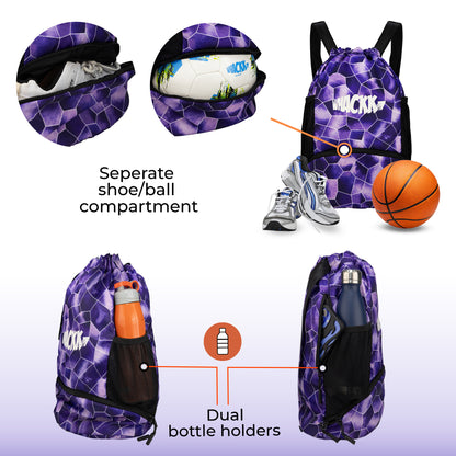 WHACKK Circuit Purple 20L Drawstring Bag | Waterproof Swimming Football Basketball & Sports Backpack | Separate Ball/Shoe Compartment | Wet Pocket | Dual Bottle Holders | Utility Pockets
