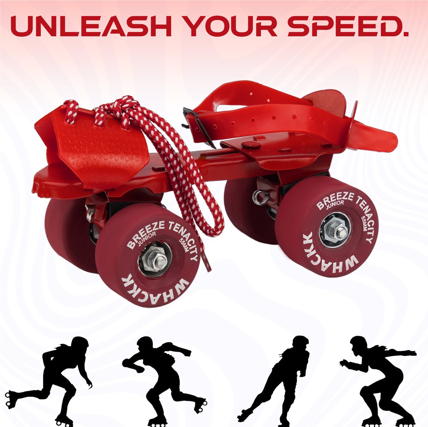 WHACKK Breeze Junior Red Roller Skates for Kids 3-6 Years |Adjustable Quad Skates | Strong Metal Frame |55 mm Rubber Wheels |Smooth Ball Bearings |Secure Buckles & Lace System
