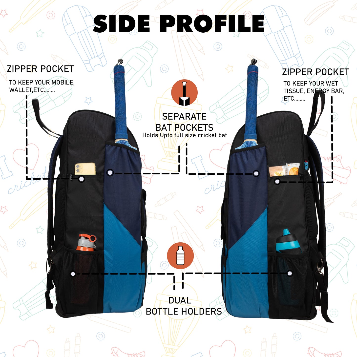 Gayle Aqua Blue Backpack Duffle Trolley Wheelie Polyester Cricket Kit Bag Adult Size 2 Bat Pocket Shoe/Helmet Pkt Main Compartment 18" Leg Pad 2 Bottle Holder Player Edition