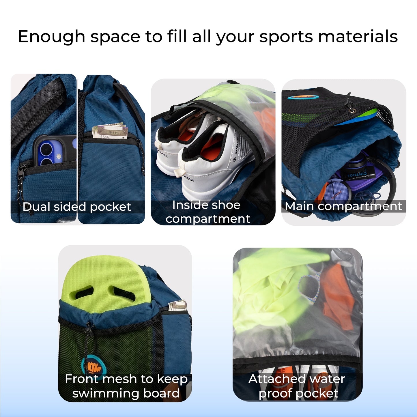 WHACKK Phelps Blue Black 23L Premium Drawstring Swimming/ Football backpack| Waterproof Wet Compartment, Mesh Pocket, Multi Storage & Bottle Holder| Ideal for Swimming, Football & Gym