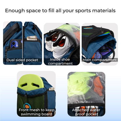 WHACKK Phelps Blue Black 23L Premium Drawstring Swimming/ Football backpack| Waterproof Wet Compartment, Mesh Pocket, Multi Storage & Bottle Holder| Ideal for Swimming, Football & Gym