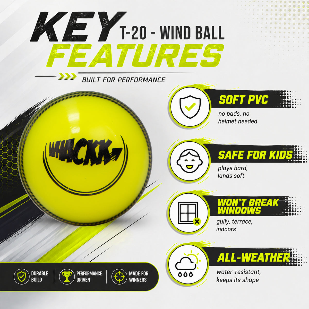 WHACKK I10 T-20 Wind Ball 72MM 120GMS Yellow Premium Color 6 | Synthetic Practice Cricket Balls | Swing Balls for Match, Training, Indoor, Outdoor & Street Cricket