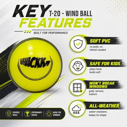 WHACKK I10 T-20 Wind Ball 72MM 120GMS Yellow Premium Color 6 | Synthetic Practice Cricket Balls | Swing Balls for Match, Training, Indoor, Outdoor & Street Cricket