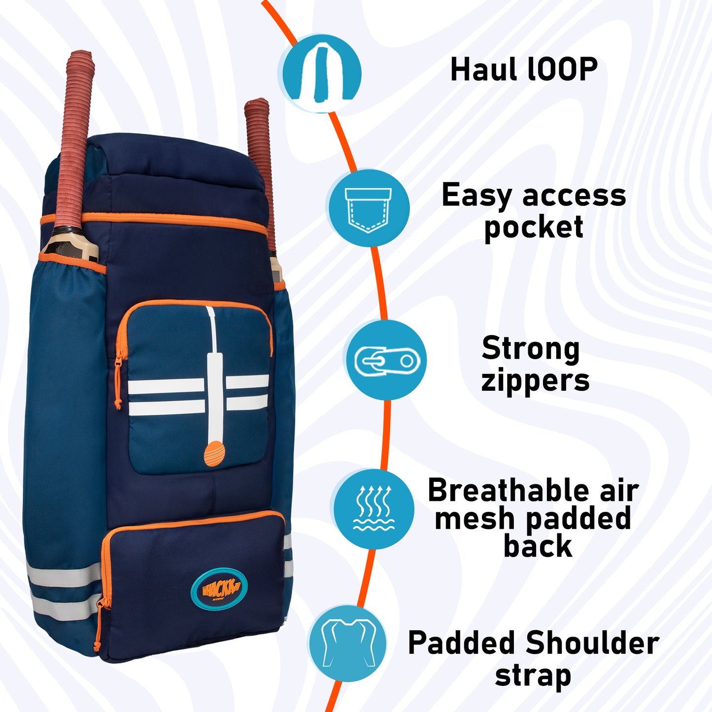 WHACKK Warne 81L Cricket Kit Bag Backpack | Spacious Compartment with Dual Bat, Shoe/ Helmet Pockets | Lightweight & Durable Sports kit Bag blue Orange