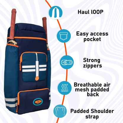 WHACKK Warne 81L Cricket Kit Bag Backpack | Spacious Compartment with Dual Bat, Shoe/ Helmet Pockets | Lightweight & Durable Sports kit Bag blue Orange