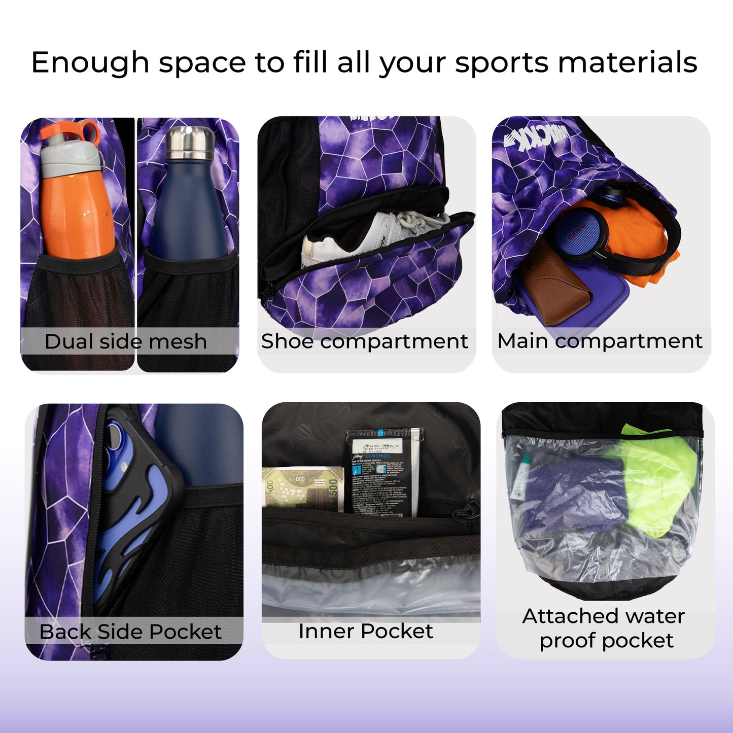 WHACKK Circuit Purple 20L Drawstring Bag | Waterproof Swimming Football Basketball & Sports Backpack | Separate Ball/Shoe Compartment | Wet Pocket | Dual Bottle Holders | Utility Pockets
