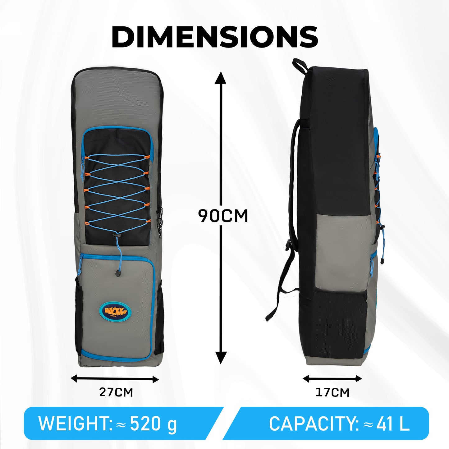 WHACKK Chappel Grey Black Cricket Bag|41L Spacious Capacity|Lightweight|Dual Bottle Holders|Front Pockets for Easy Organization|Durable Cricket Kit Bag