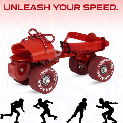 WHACKK Commando Senior Red Roller Skates |Adjustable Quad Size 21–27 cm |Front Brake |High Precision Bearings |High Grip Rubber Wheels |Comfortable Secure Fit |Ages 6+