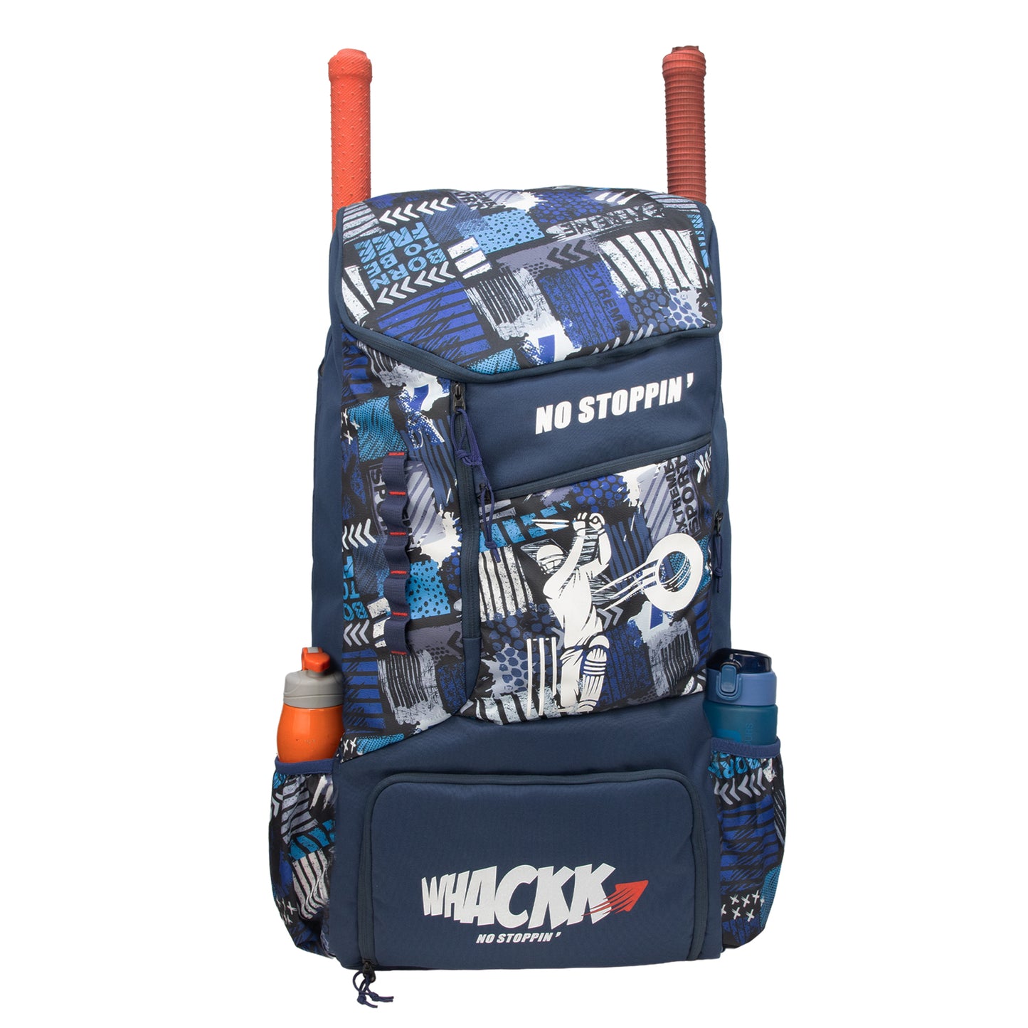 Kallis Navy Printed 103L Unisex Cricket Kit Bag Backpack|Adult Size|2 Bat|Shoe/Helmet Pocket|Main Compartment 18" Leg Pad|2 Bottle Holder|Easy Access Pocket|Player Edition Senior