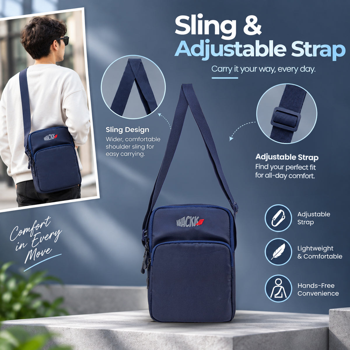 Whackk Outpace Navy Crossbody Bag | Water Resistance Side Bag, Travel Bag, Office Business Bag, Messenger Bag | Sling Bag for Men and Women Adjustable Strap