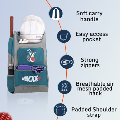 WHACKK Dev 65L Cricket Kit Bag Blue Grey| Quick Access Design| Spacious Main Compartment| Bat Holder| Shoe/Helmet Pocket| Bottle Holder| Padded Straps