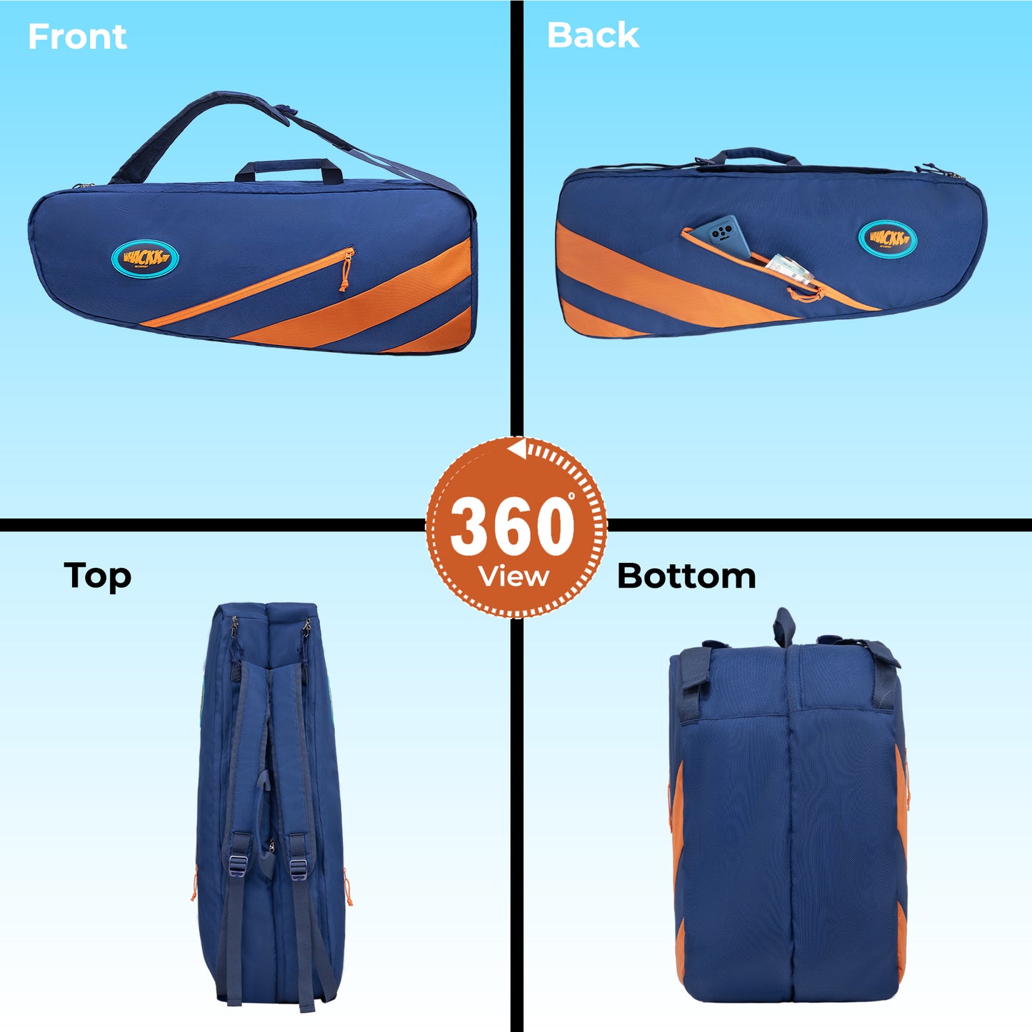 WHACKK Shot 49L Badminton Bag for Rackets, Shoes & Accessories | Dual Carry Backpack/Duffle | Heavy Padding | 2 Main Compartments | Navy Orange