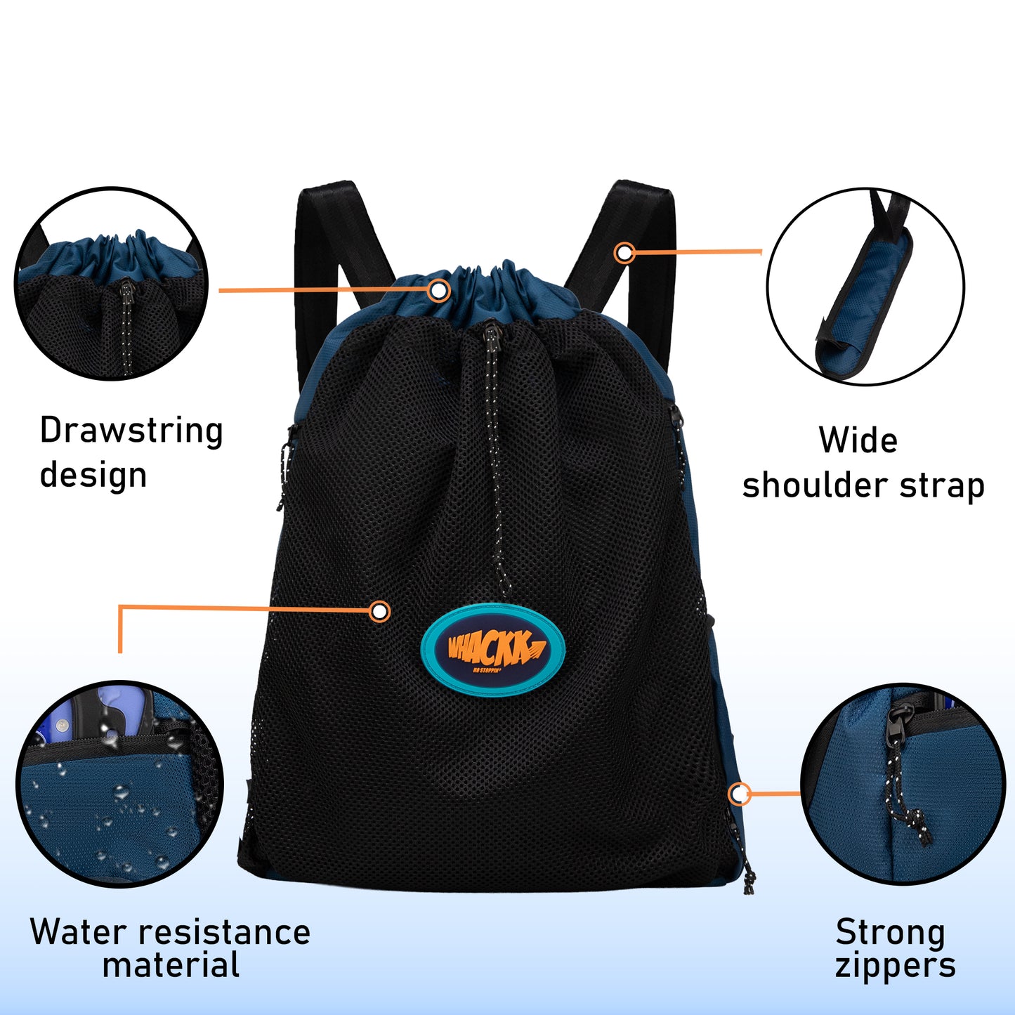 WHACKK Phelps Blue Black 23L Premium Drawstring Swimming/ Football backpack| Waterproof Wet Compartment, Mesh Pocket, Multi Storage & Bottle Holder| Ideal for Swimming, Football & Gym