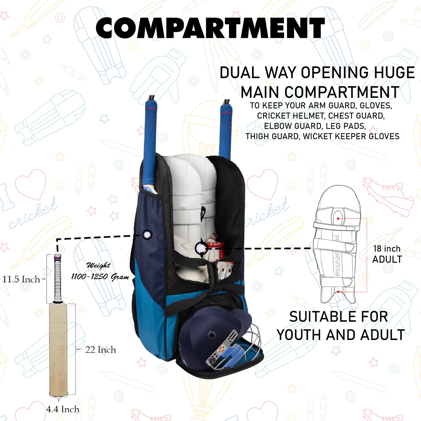 Gayle Aqua Blue Backpack Duffle Trolley Wheelie Polyester Cricket Kit Bag Adult Size 2 Bat Pocket Shoe/Helmet Pkt Main Compartment 18" Leg Pad 2 Bottle Holder Player Edition