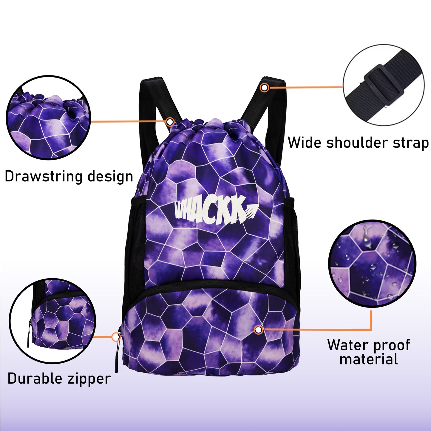 WHACKK Circuit Purple 20L Drawstring Bag | Waterproof Swimming Football Basketball & Sports Backpack | Separate Ball/Shoe Compartment | Wet Pocket | Dual Bottle Holders | Utility Pockets