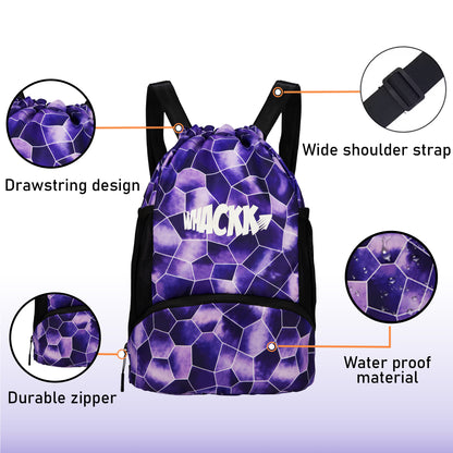 WHACKK Circuit Purple 20L Drawstring Bag | Waterproof Swimming Football Basketball & Sports Backpack | Separate Ball/Shoe Compartment | Wet Pocket | Dual Bottle Holders | Utility Pockets