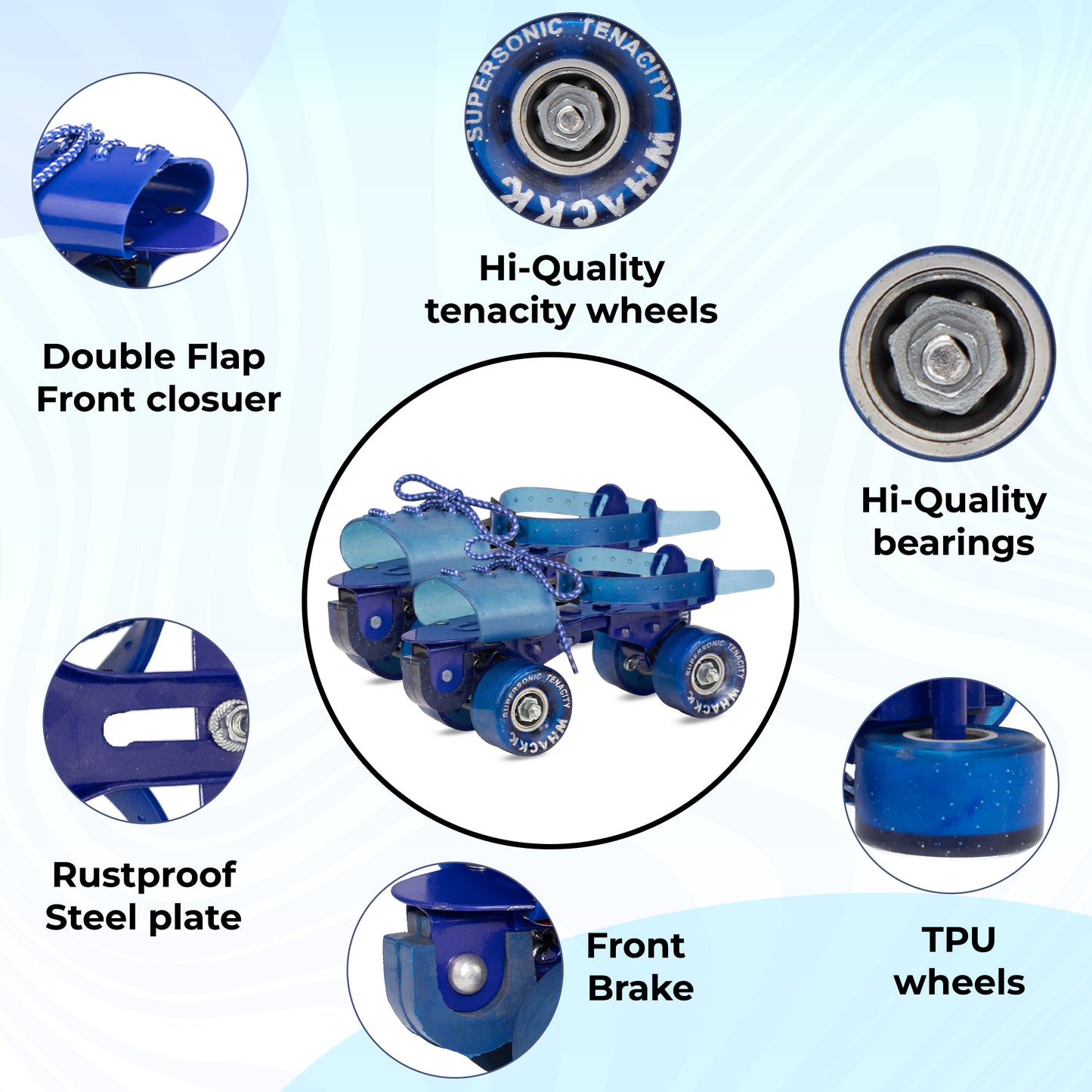 WHACKK Supersonic Senior Blue Adjustable Quad Roller Skates |Smooth Precision Ball Bearings |High Grip 55 mm PU Wheels |Secure Buckles & PVC Flap |Ages 6+