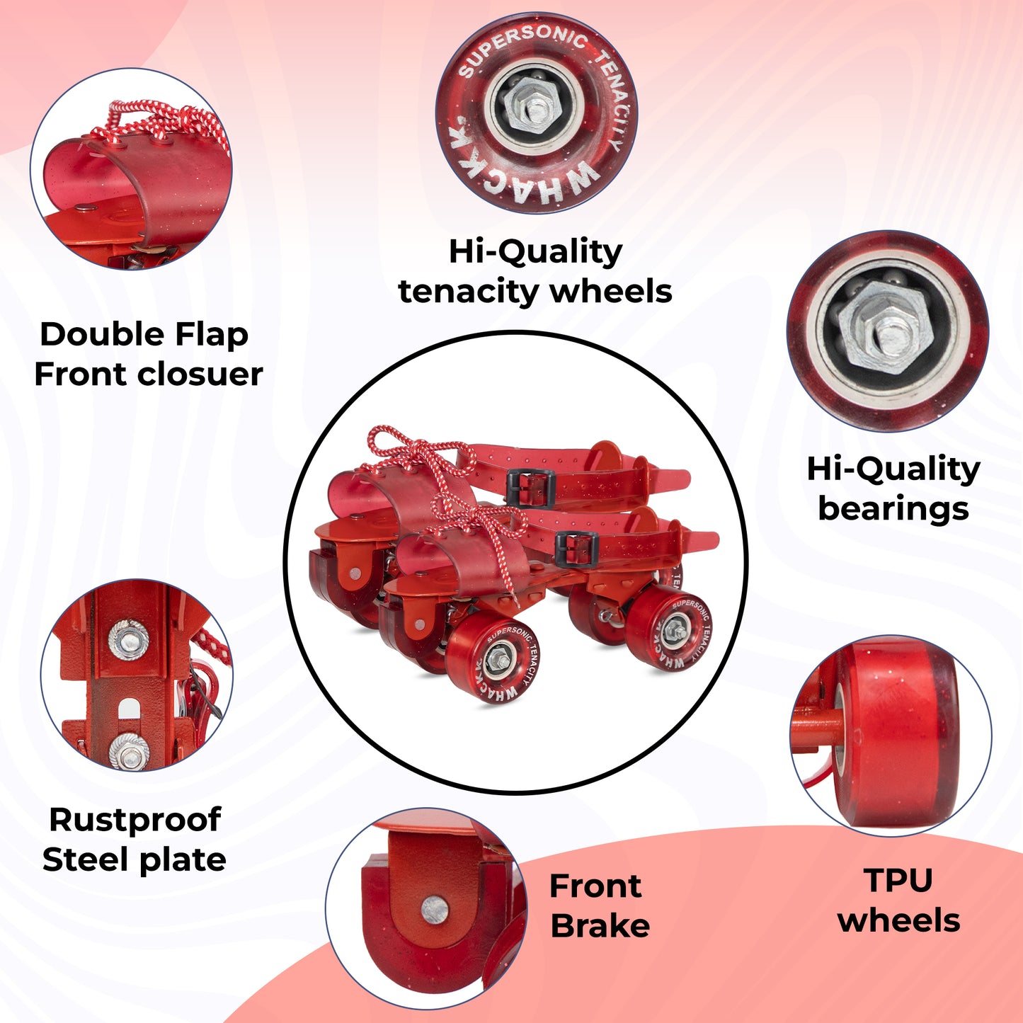 WHACKK Supersonic Senior red Adjustable Qaud Roller Skates |Smooth Precision Bearings |High Grip 55 mm PU Wheels |Secure Buckles & PVC Flap |Ages 6+