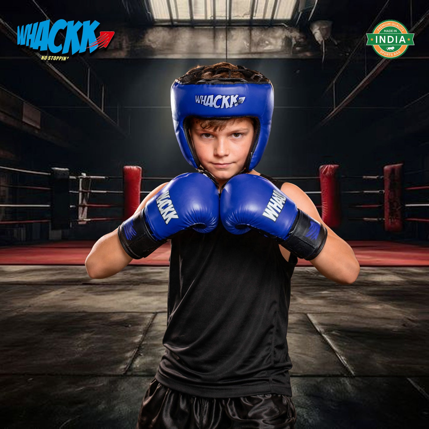 Whackk Blue Junior Kids Boxing Kit with Filled Punching Bag, Gloves and Headgear Bounce-Back |Training Bag for Boys & Girls