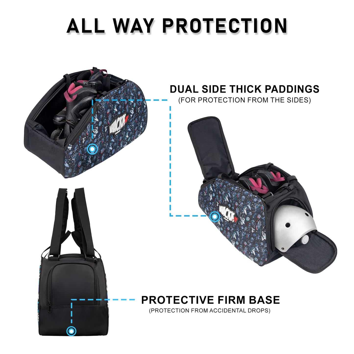 WHACKK Spin 38L Skating Bag  Black Print | 3-Way Carry Skate Backpack, Duffle & Shoulder Bag with Helmet Pocket | Padded Roller Skate Bag for Kids & Adults