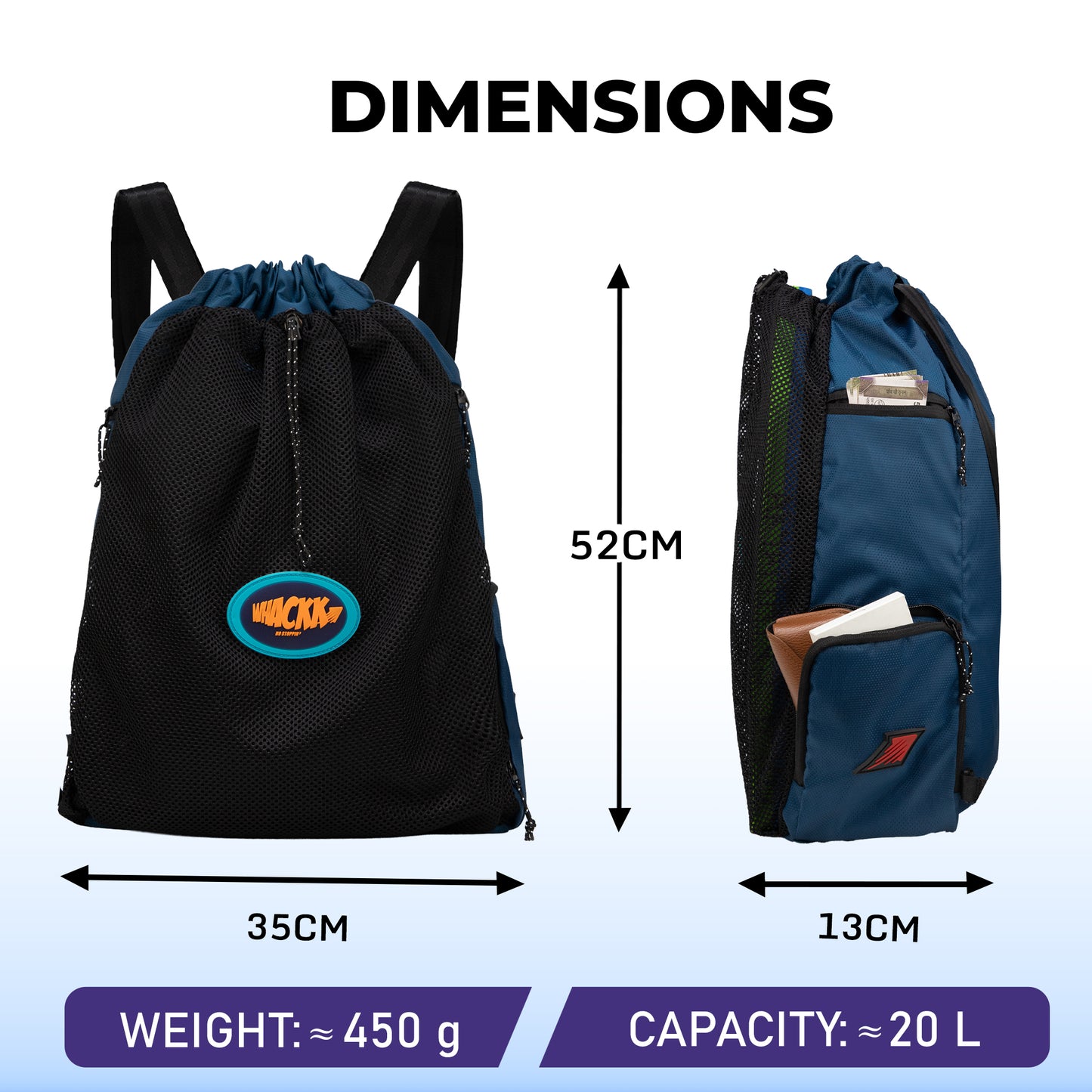 WHACKK Phelps Blue Black 23L Premium Drawstring Swimming/ Football backpack| Waterproof Wet Compartment, Mesh Pocket, Multi Storage & Bottle Holder| Ideal for Swimming, Football & Gym