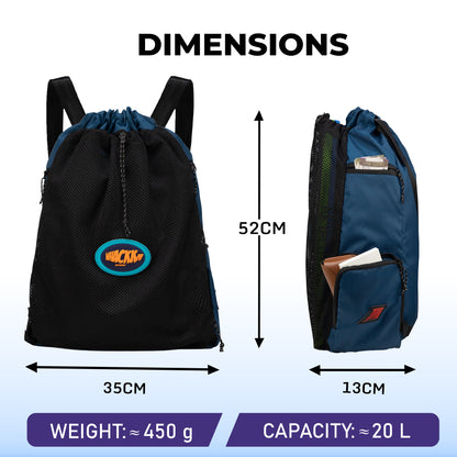 WHACKK Phelps Blue Black 23L Premium Drawstring Swimming/ Football backpack| Waterproof Wet Compartment, Mesh Pocket, Multi Storage & Bottle Holder| Ideal for Swimming, Football & Gym