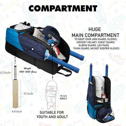 Gayle Aqua Blue Backpack Duffle Trolley Wheelie Polyester Cricket Kit Bag Adult Size 2 Bat Pocket Shoe/Helmet Pkt Main Compartment 18" Leg Pad 2 Bottle Holder Player Edition